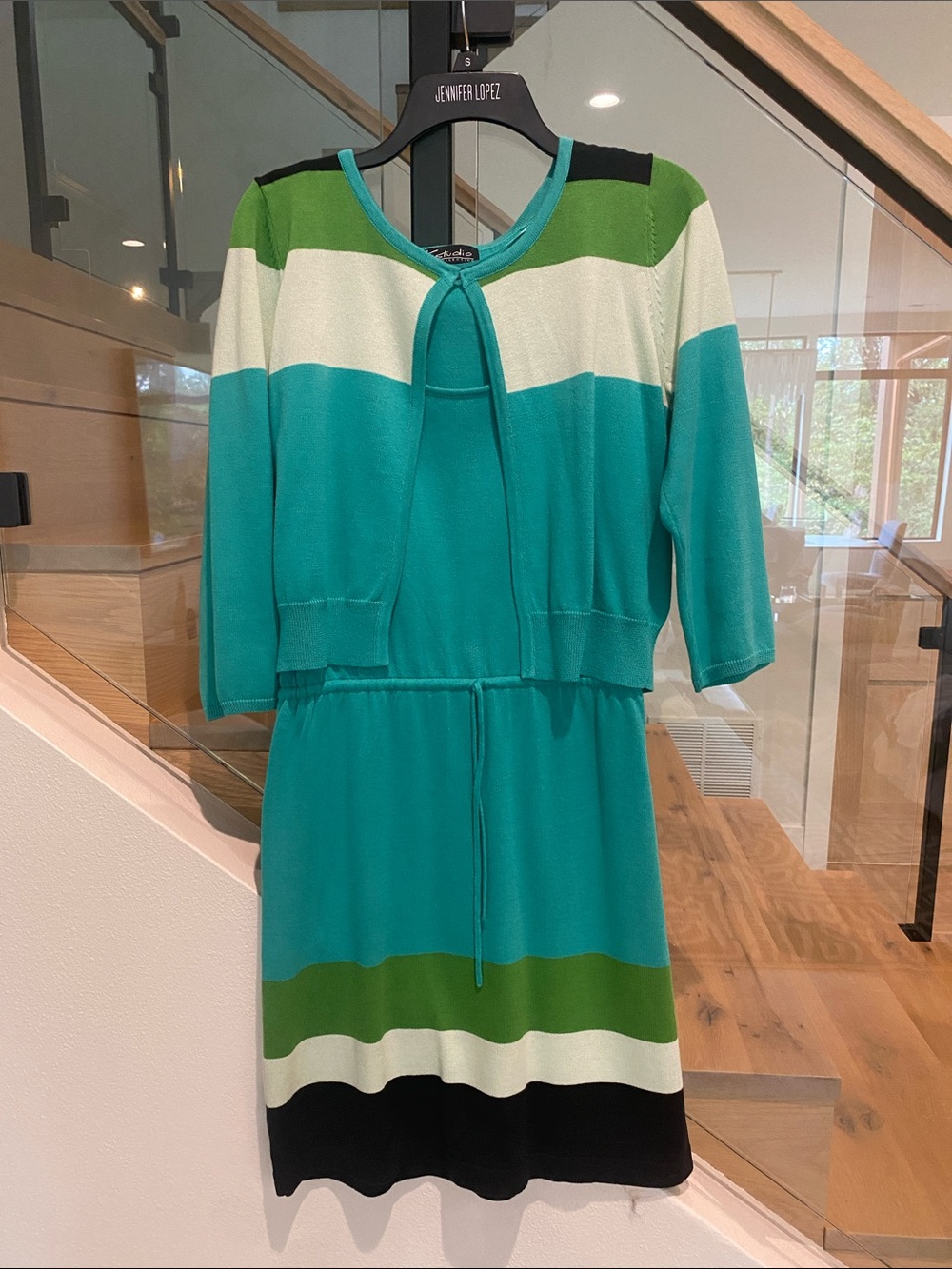 Striped Knit Midi Dress with Coordinating Cardigan in Teal & Green